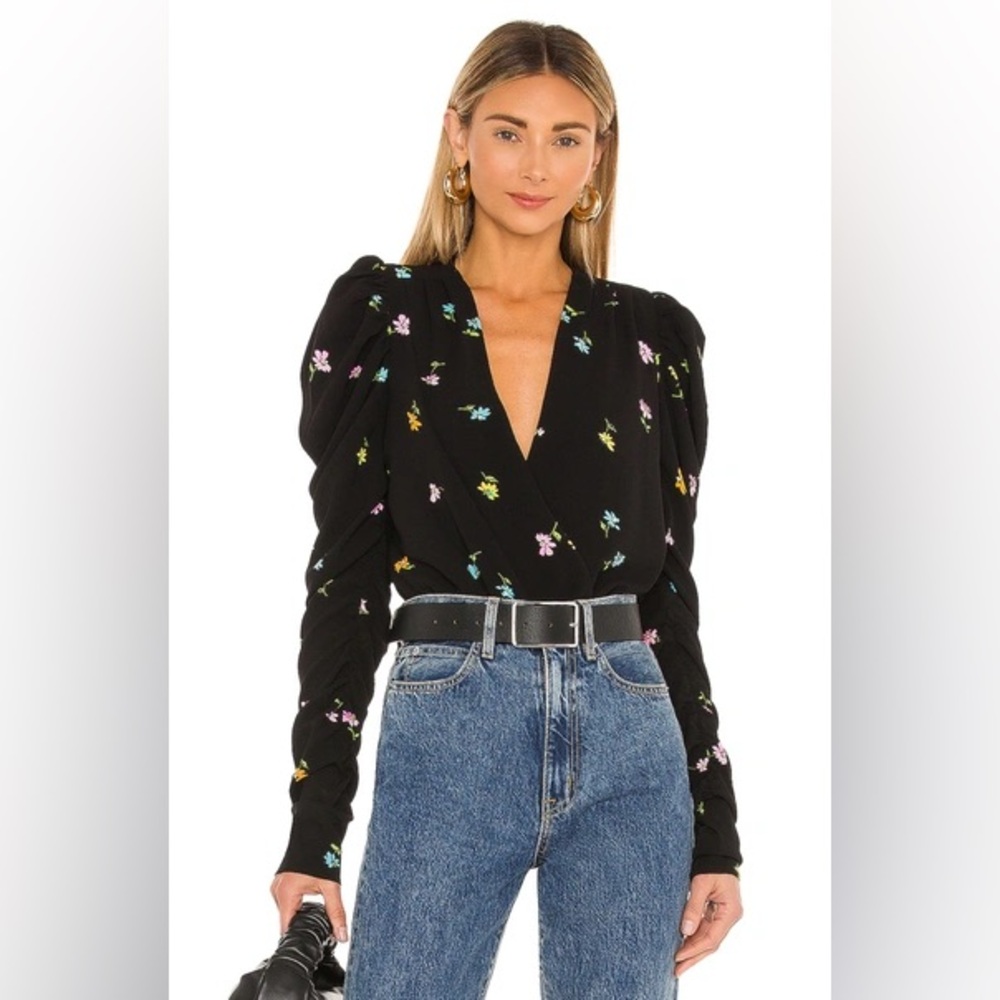 AFRM Black Floral Puff-Sleeve V-Neck Bodysuit